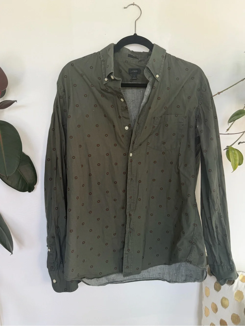 J crew Olive Green Button-Down Shirt with Subtle Dot Pattern